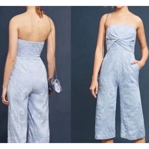 Anthro Aijek Womens 4 Silk Linen Blue Wide Leg Jumpsuit Strapless Cottagecore - Picture 1 of 10